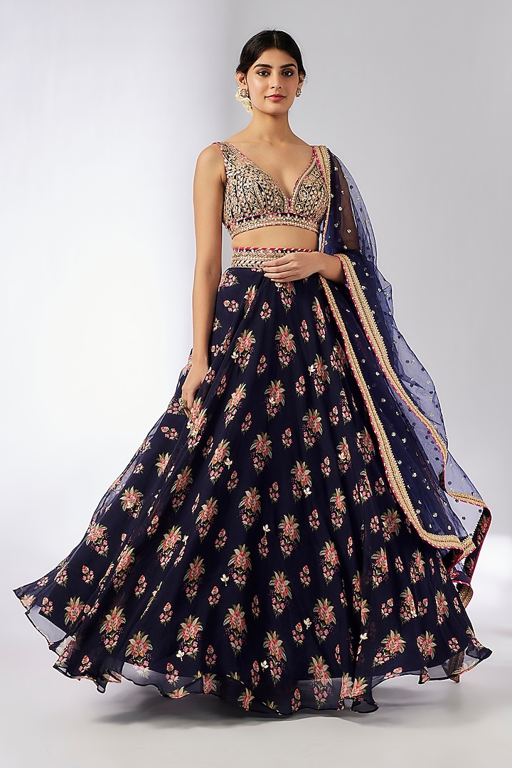 Navy Blue Organza Thread Embroidered Wedding Lehenga Set by GOPI VAID at Pernia's Pop Up Shop