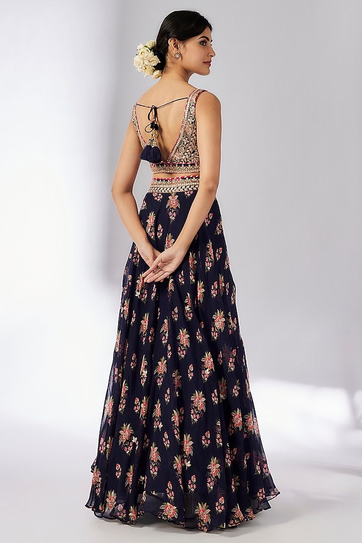 Navy Blue Organza Thread Embroidered Wedding Lehenga Set by GOPI VAID at Pernia's Pop Up Shop