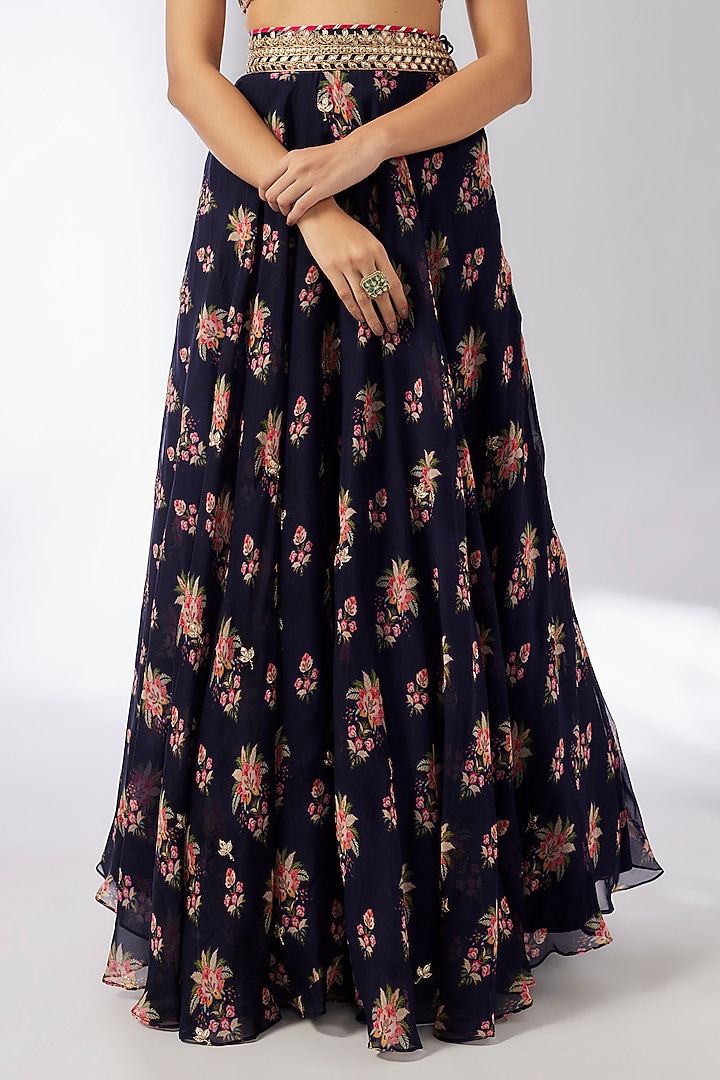 Navy Blue Organza Thread Embroidered Wedding Lehenga Set by GOPI VAID at Pernia's Pop Up Shop