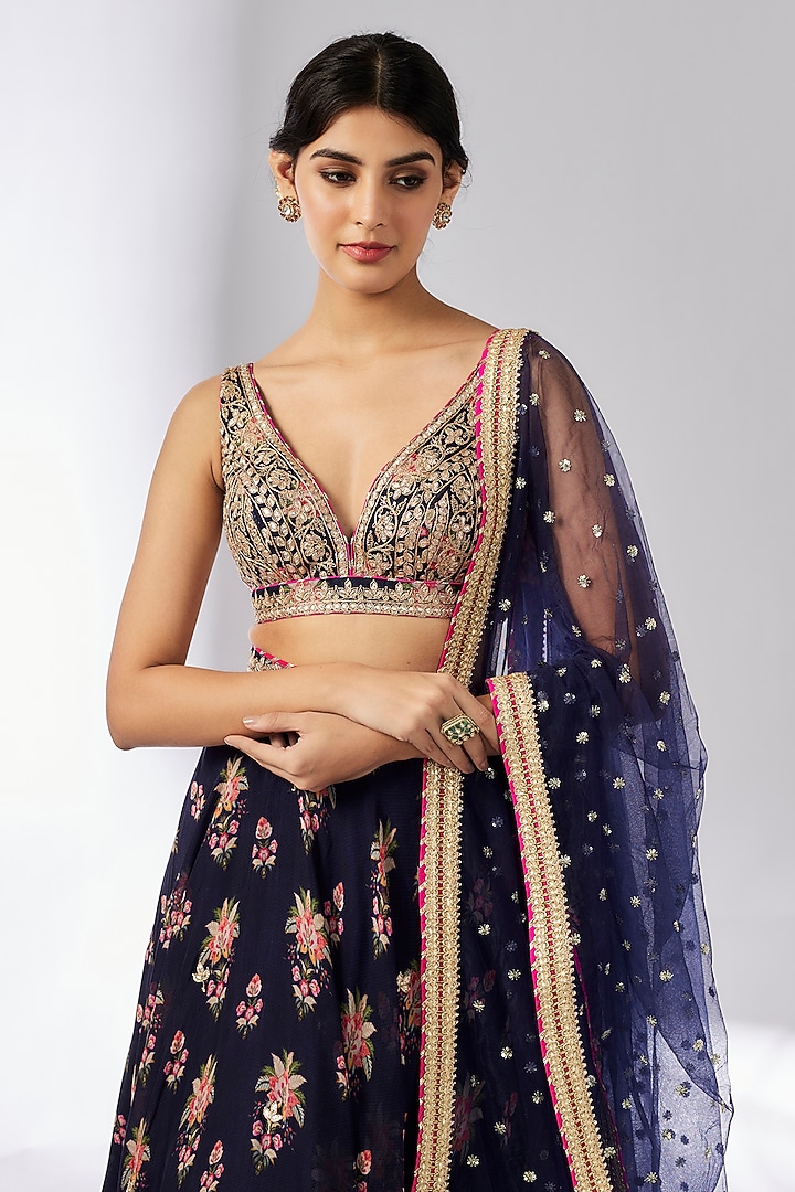 Navy Blue Organza Thread Embroidered Wedding Lehenga Set by GOPI VAID at Pernia's Pop Up Shop
