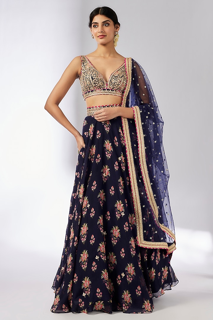 Navy Blue Organza Thread Embroidered Wedding Lehenga Set by GOPI VAID at Pernia's Pop Up Shop