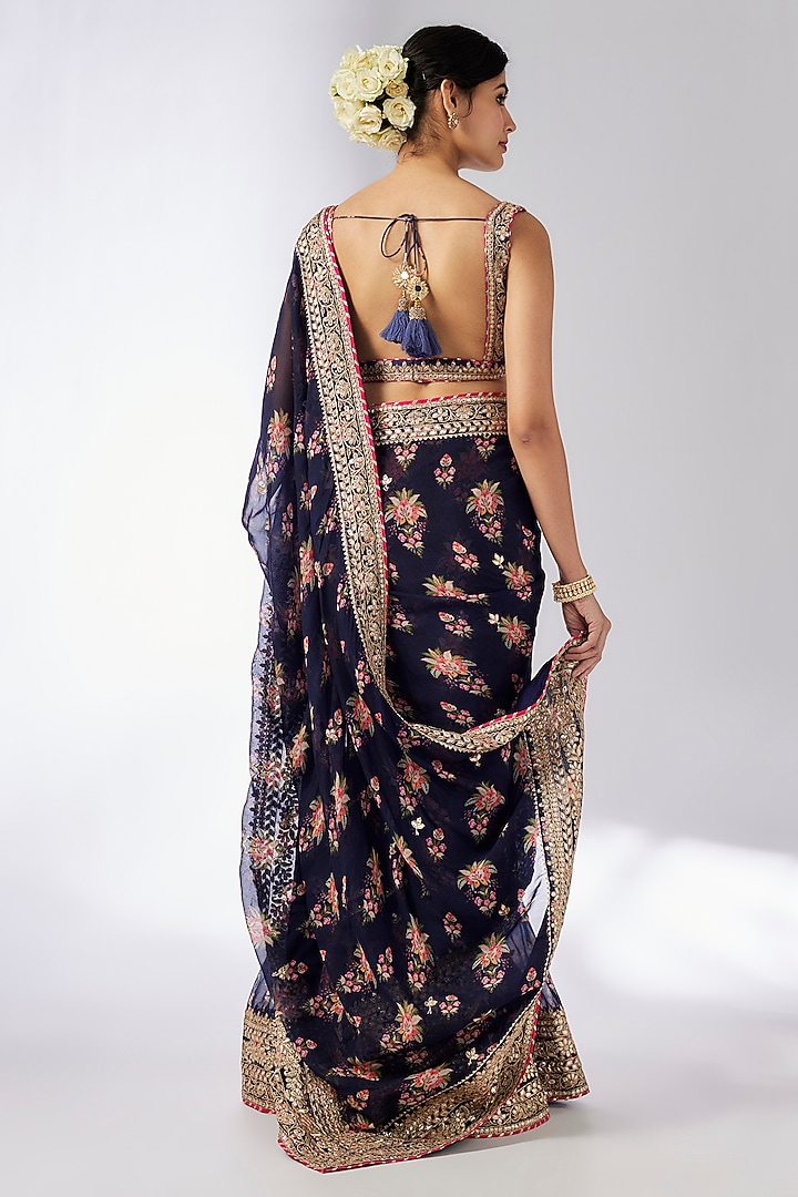 Navy Blue Organza Hand & Machine Embroidered Frilled Wedding Saree Set by GOPI VAID at Pernia's Pop Up Shop