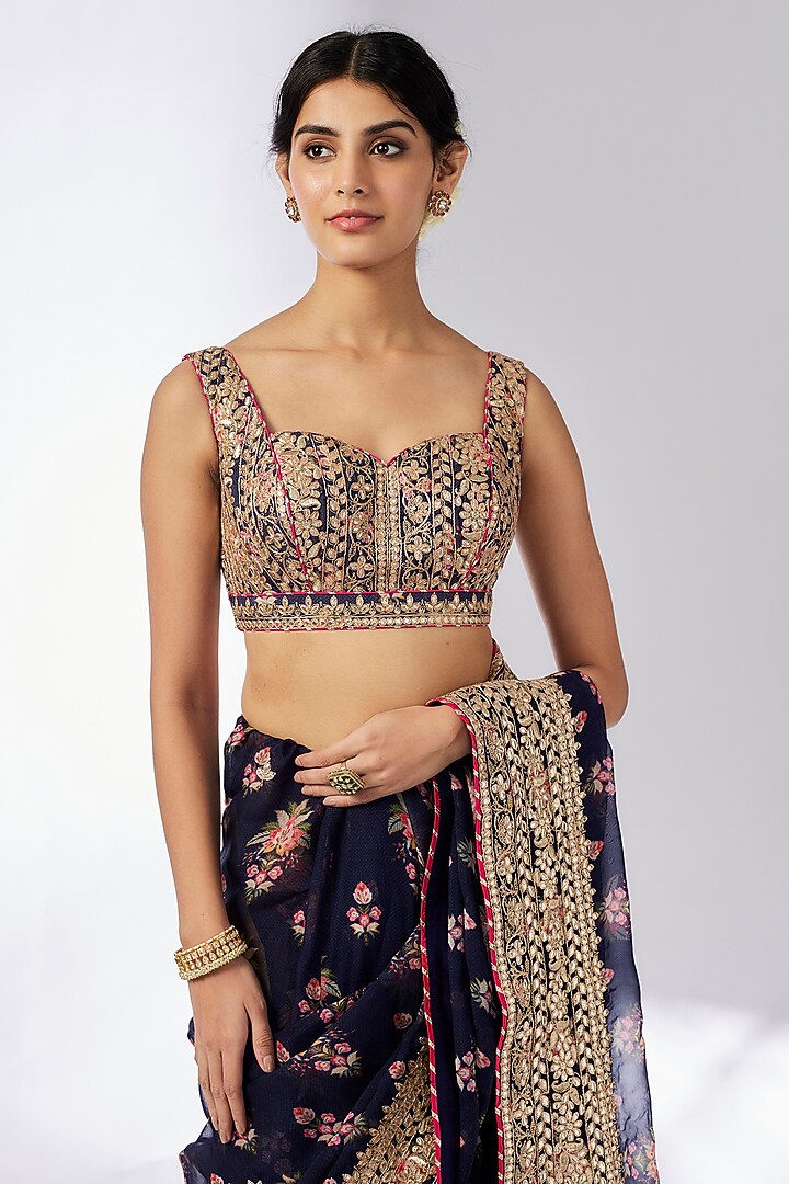 Navy Blue Organza Hand & Machine Embroidered Frilled Wedding Saree Set by GOPI VAID at Pernia's Pop Up Shop