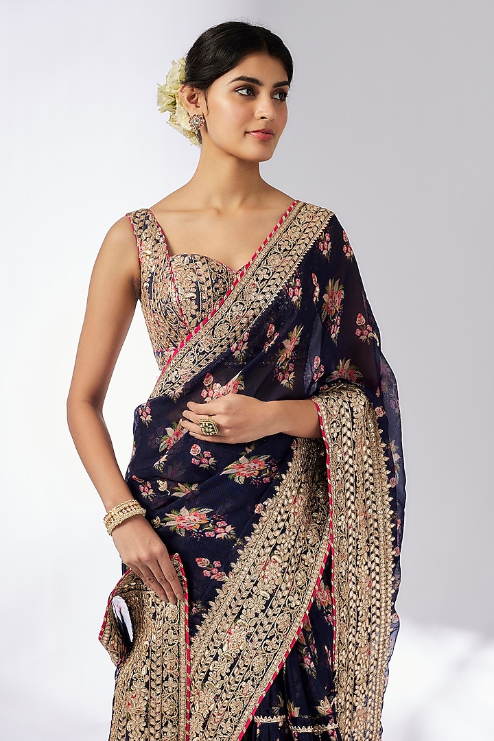 Navy Blue Organza Hand & Machine Embroidered Frilled Wedding Saree Set by GOPI VAID at Pernia's Pop Up Shop