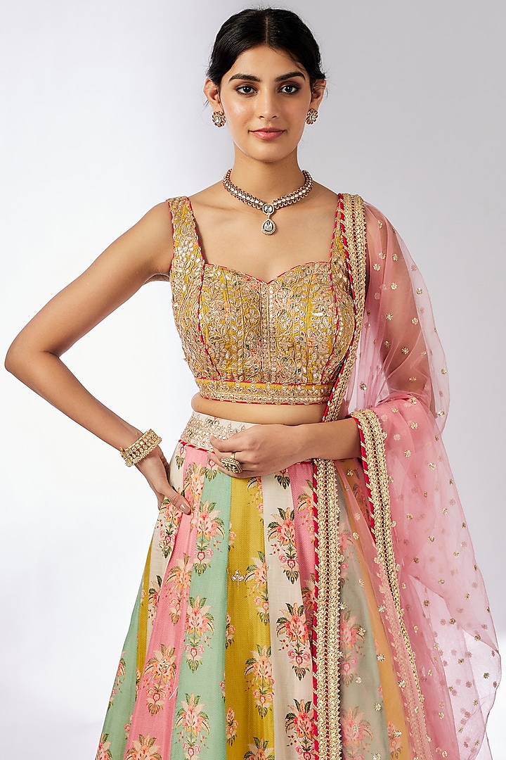 Multi-Colored Cotton Silk Printed & Embellished Wedding Lehenga Set by GOPI VAID at Pernia's Pop Up Shop