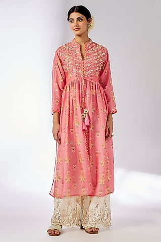Pink Cotton Silk Floral Printed & Embroidered Tunic by GOPI VAID