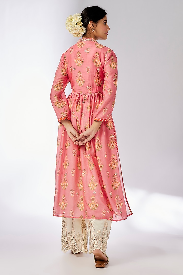 Pink Cotton Silk Floral Printed & Embroidered Tunic by GOPI VAID at Pernia's Pop Up Shop