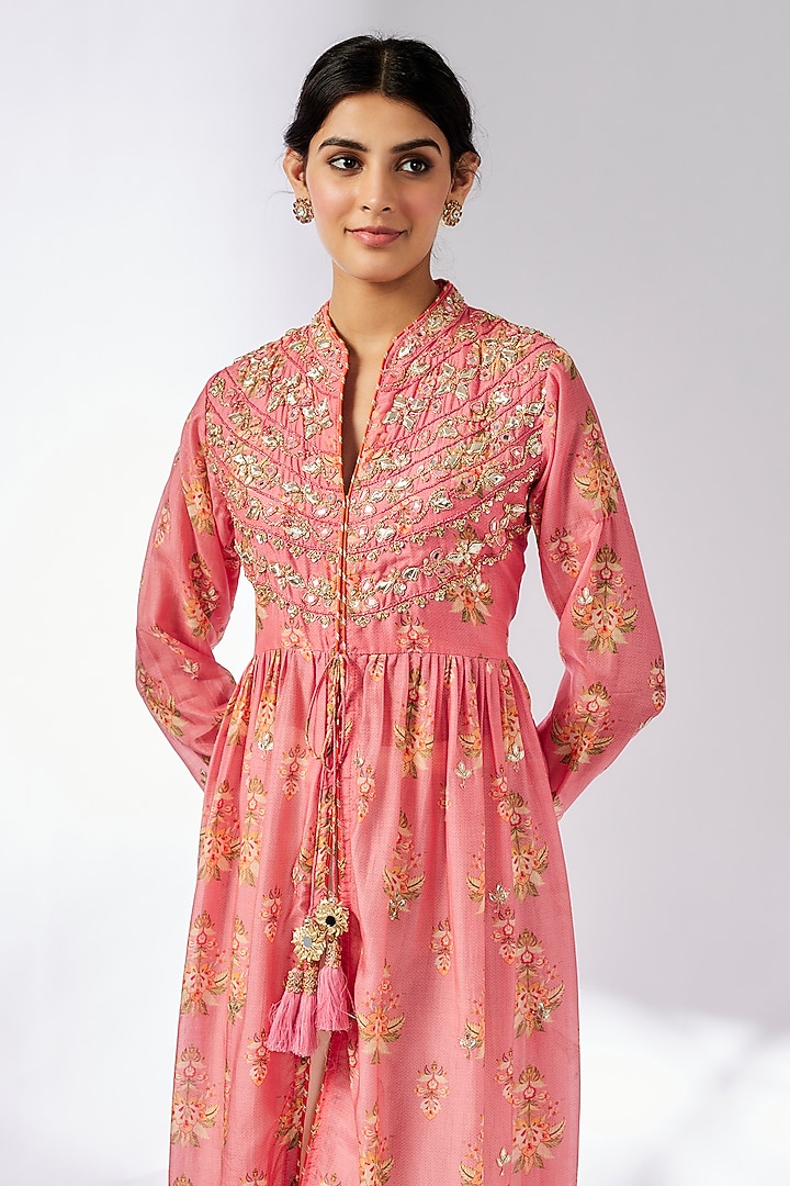 Pink Cotton Silk Floral Printed & Embroidered Tunic by GOPI VAID at Pernia's Pop Up Shop