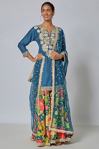 Blue Satin Embroidered Sharara Set by GOPI VAID