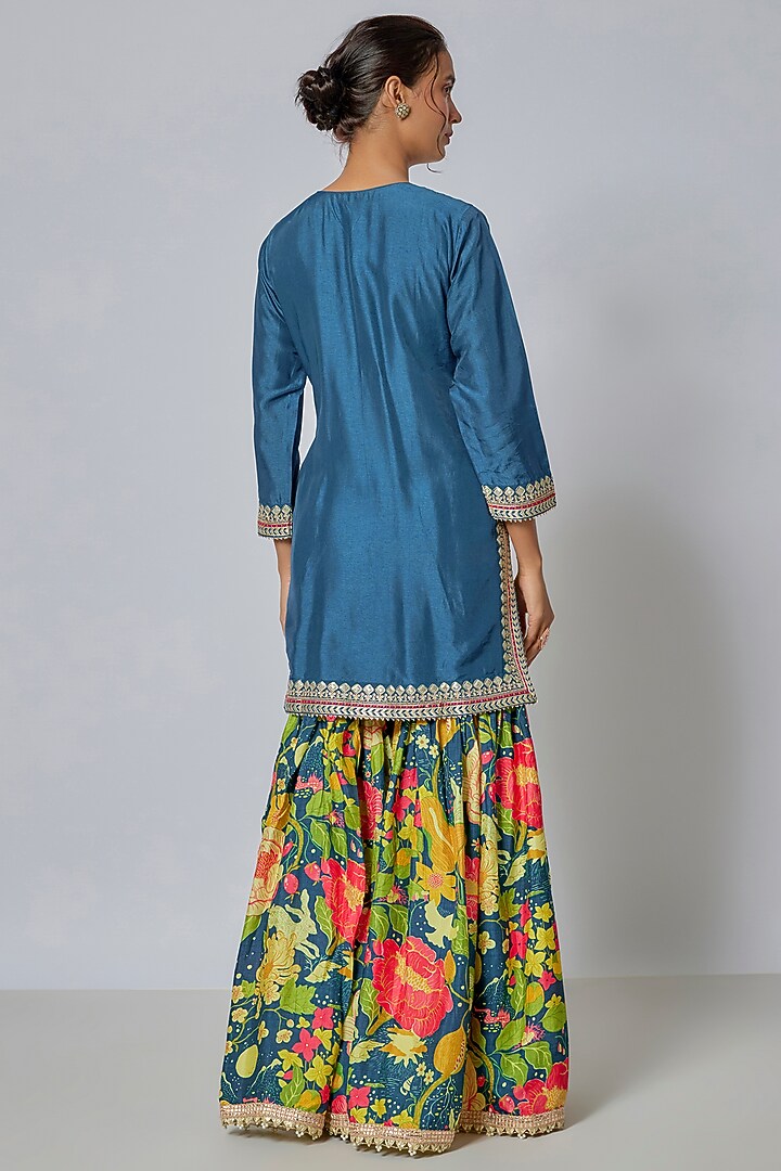 Blue Satin Embroidered Wedding Sharara Set by GOPI VAID at Pernia's Pop Up Shop