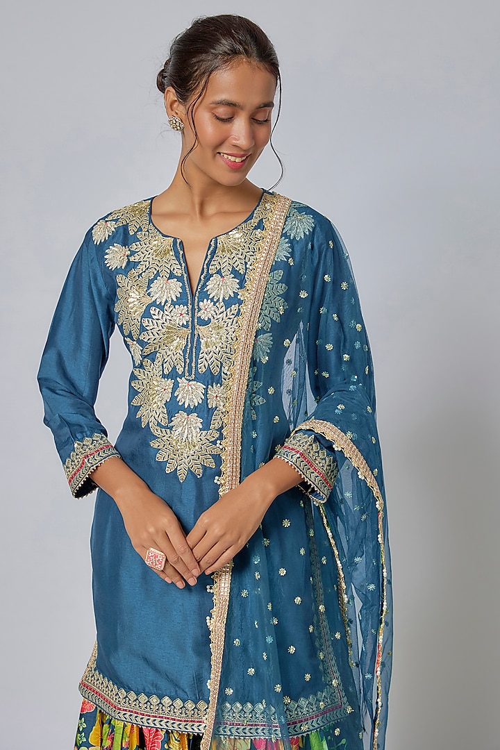 Blue Satin Embroidered Wedding Sharara Set by GOPI VAID at Pernia's Pop Up Shop