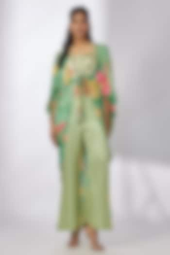 Green Satin Floral Printed Jacket Set by GOPI VAID at Pernia's Pop Up Shop