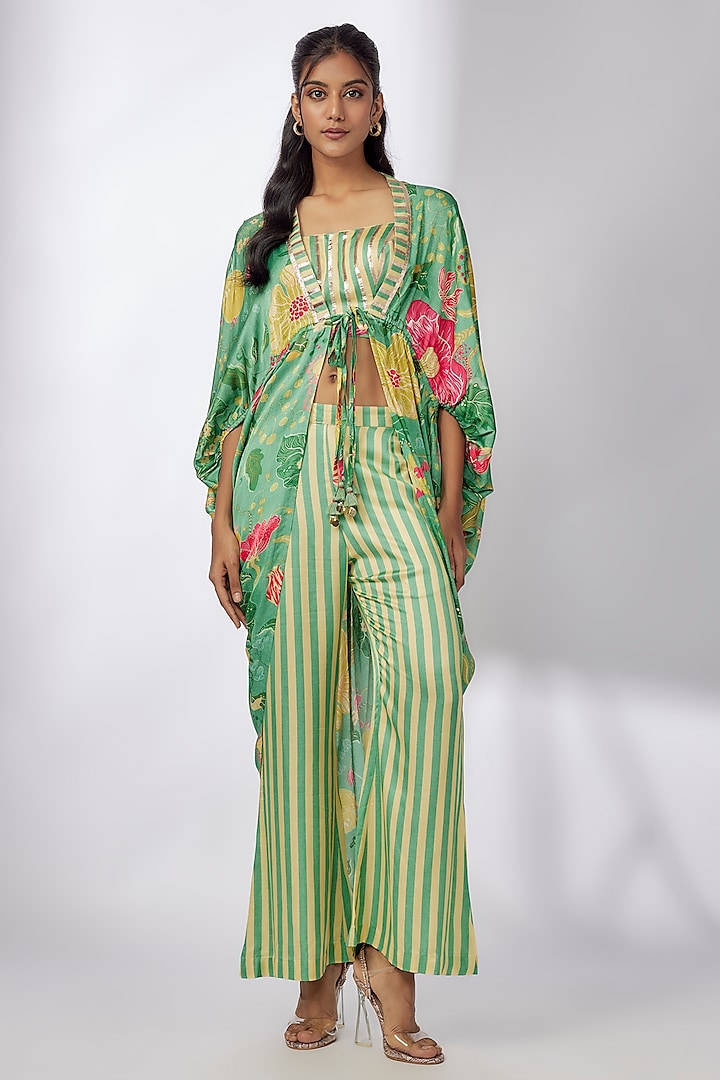 Green Satin Floral Printed Jacket Set by GOPI VAID at Pernia's Pop Up Shop