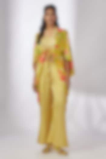 Yellow Satin Floral Printed Jacket Set by GOPI VAID at Pernia's Pop Up Shop