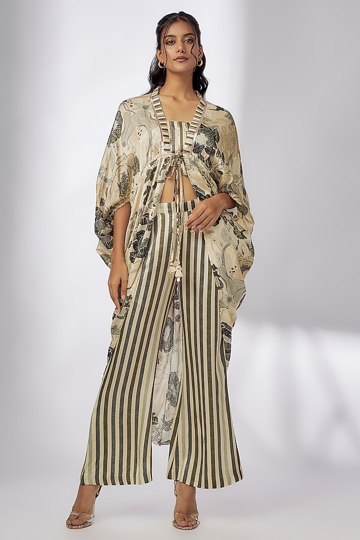 Ivory & Black Satin Floral Printed Jacket Set by GOPI VAID at Pernia's Pop Up Shop