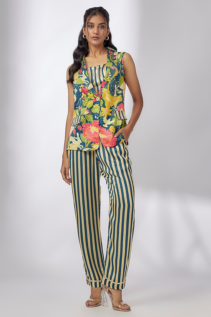 Blue Satin Floral Printed Jacket Set by GOPI VAID at Pernia's Pop Up Shop