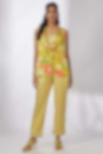 Yellow Satin Floral Printed Jacket Set by GOPI VAID at Pernia's Pop Up Shop