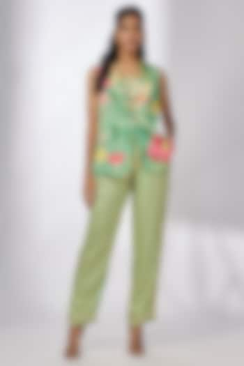 Green Satin Floral Printed Jacket Set by GOPI VAID at Pernia's Pop Up Shop