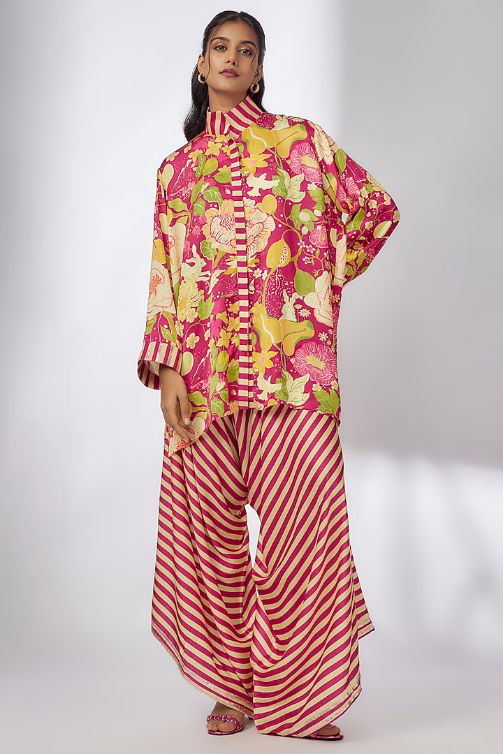 Pink Satin Floral Printed Co-Ord Set by GOPI VAID at Pernia's Pop Up Shop