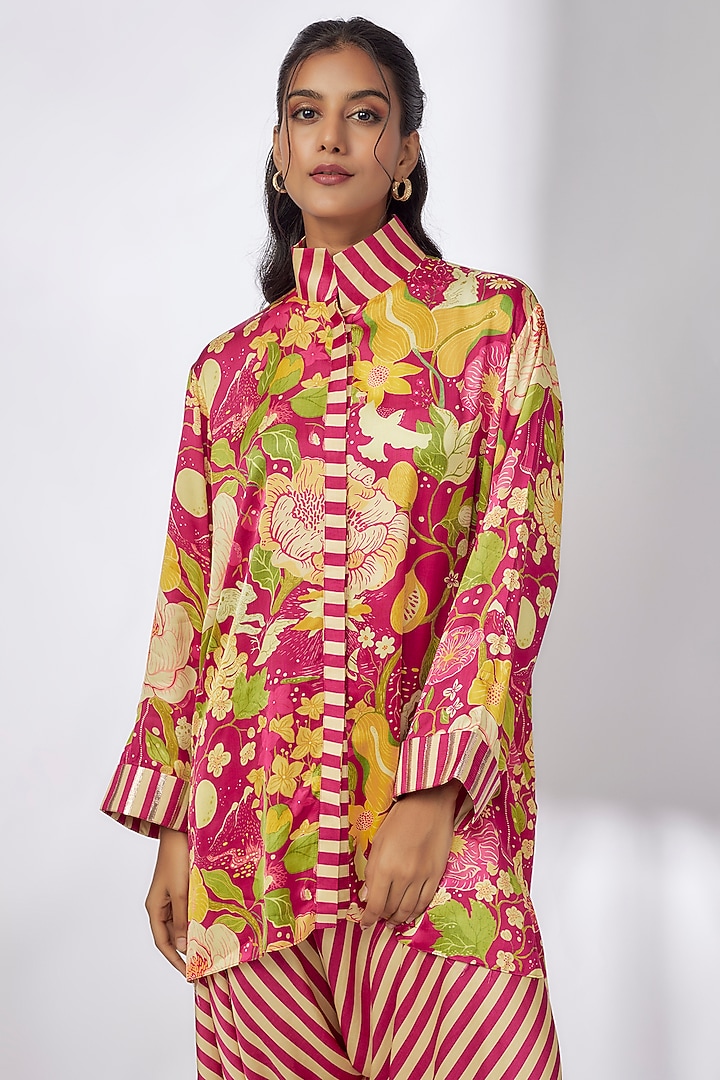 Pink Satin Floral Printed Co-Ord Set by GOPI VAID at Pernia's Pop Up Shop