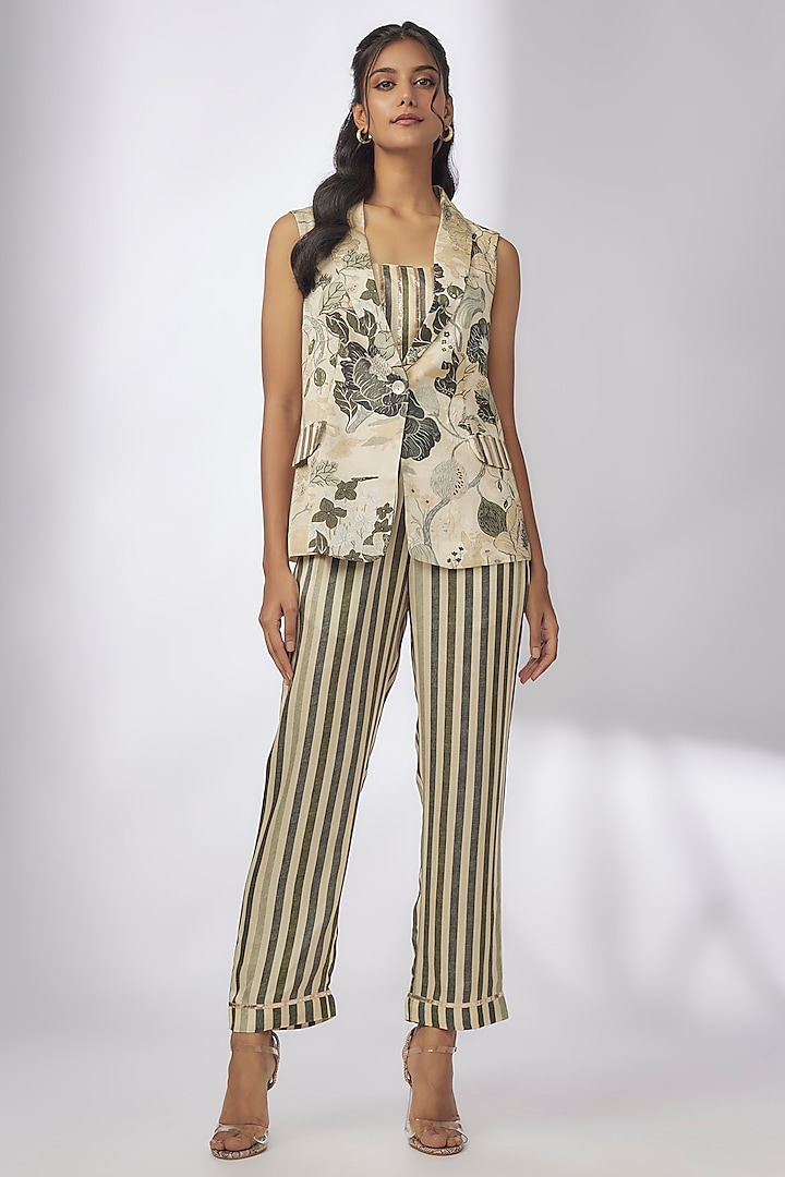 Ivory & Black Satin Floral Printed Jacket Set by GOPI VAID at Pernia's Pop Up Shop