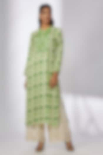 Green Satin Ikat Printed & Embroidered Tunic by GOPI VAID at Pernia's Pop Up Shop