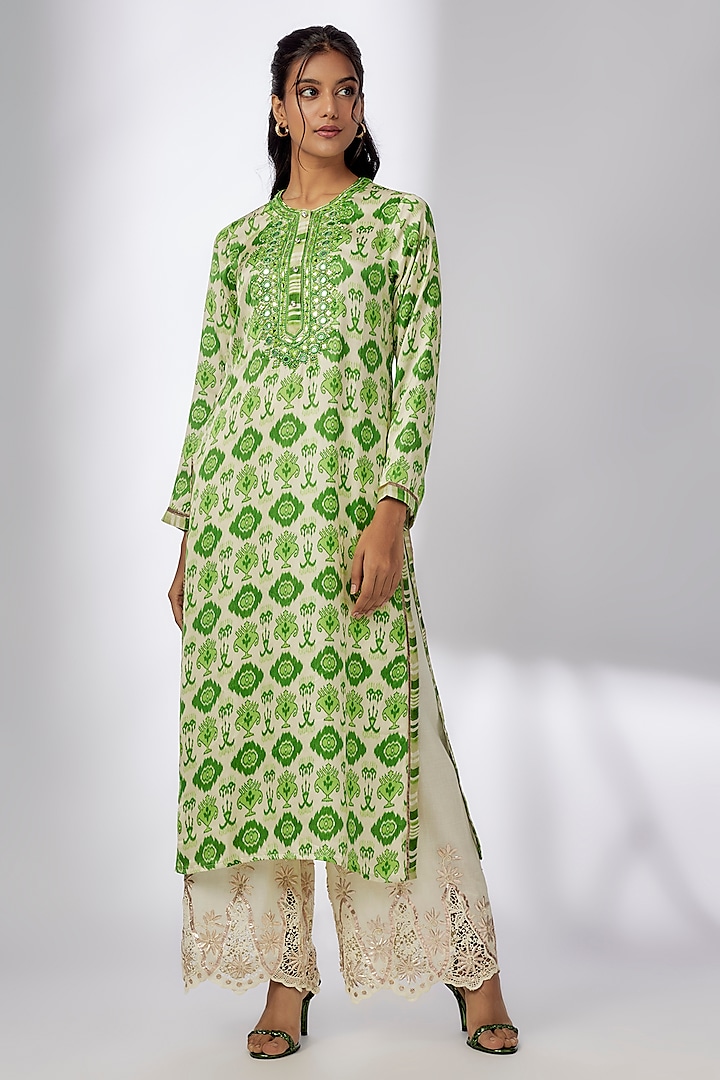 Green Satin Ikat Printed & Embroidered Tunic by GOPI VAID at Pernia's Pop Up Shop