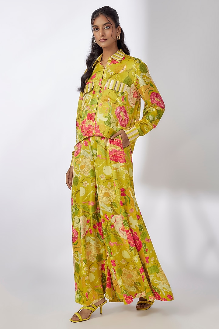 Yellow Satin Floral Printed Co-Ord Set by GOPI VAID at Pernia's Pop Up Shop