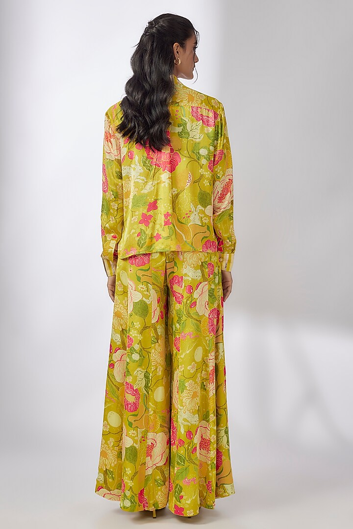 Yellow Satin Floral Printed Co-Ord Set by GOPI VAID at Pernia's Pop Up Shop