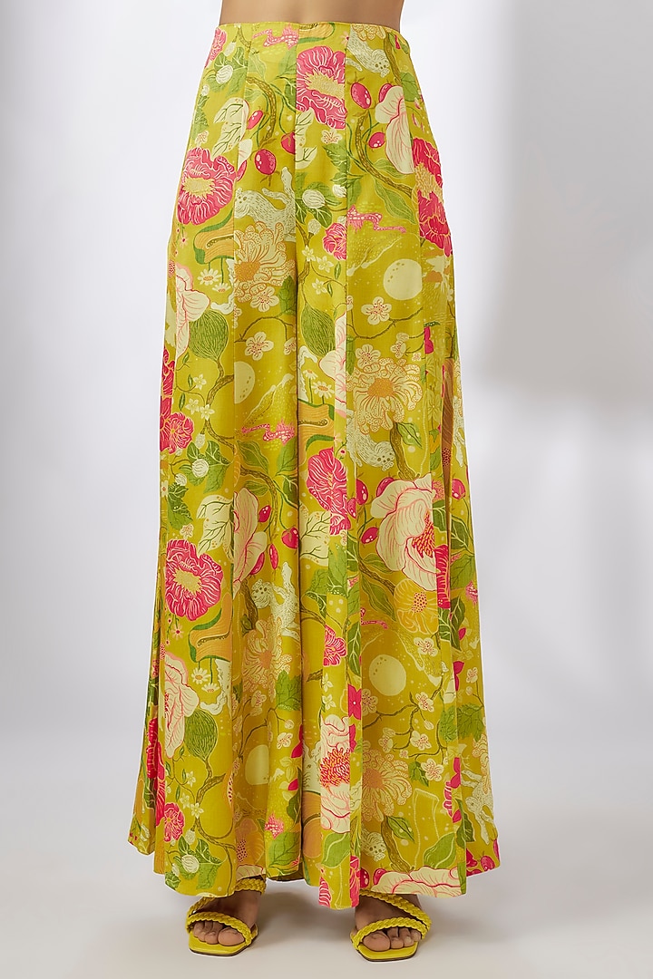 Yellow Satin Floral Printed Co-Ord Set by GOPI VAID at Pernia's Pop Up Shop