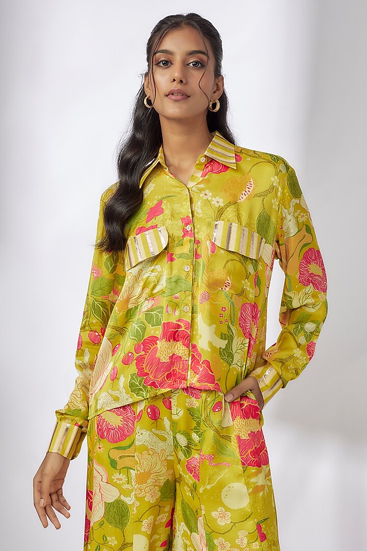 Yellow Satin Floral Printed Co-Ord Set by GOPI VAID at Pernia's Pop Up Shop
