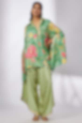 Green Satin Floral Printed Kaftan Set by GOPI VAID at Pernia's Pop Up Shop
