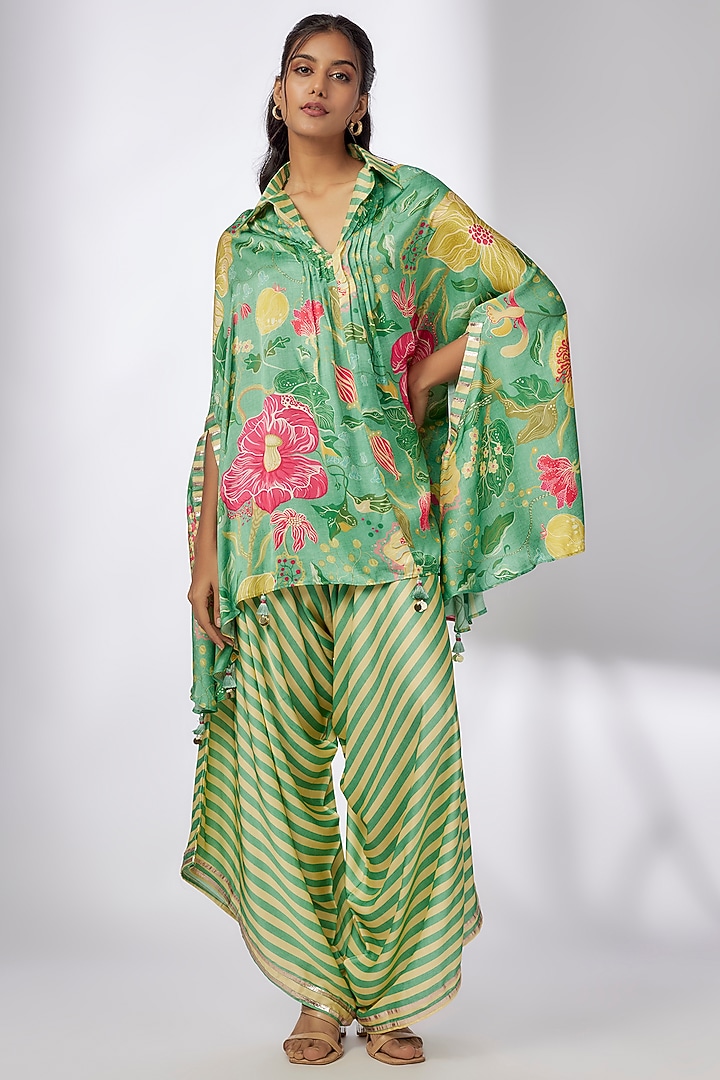 Green Satin Floral Printed Kaftan Set by GOPI VAID at Pernia's Pop Up Shop