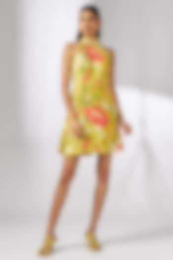 Yellow Satin Floral Printed Mini Dress by GOPI VAID at Pernia's Pop Up Shop