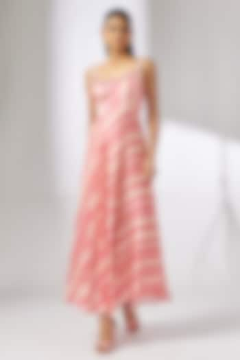 Pink Satin Stripe Printed Maxi Dress by GOPI VAID