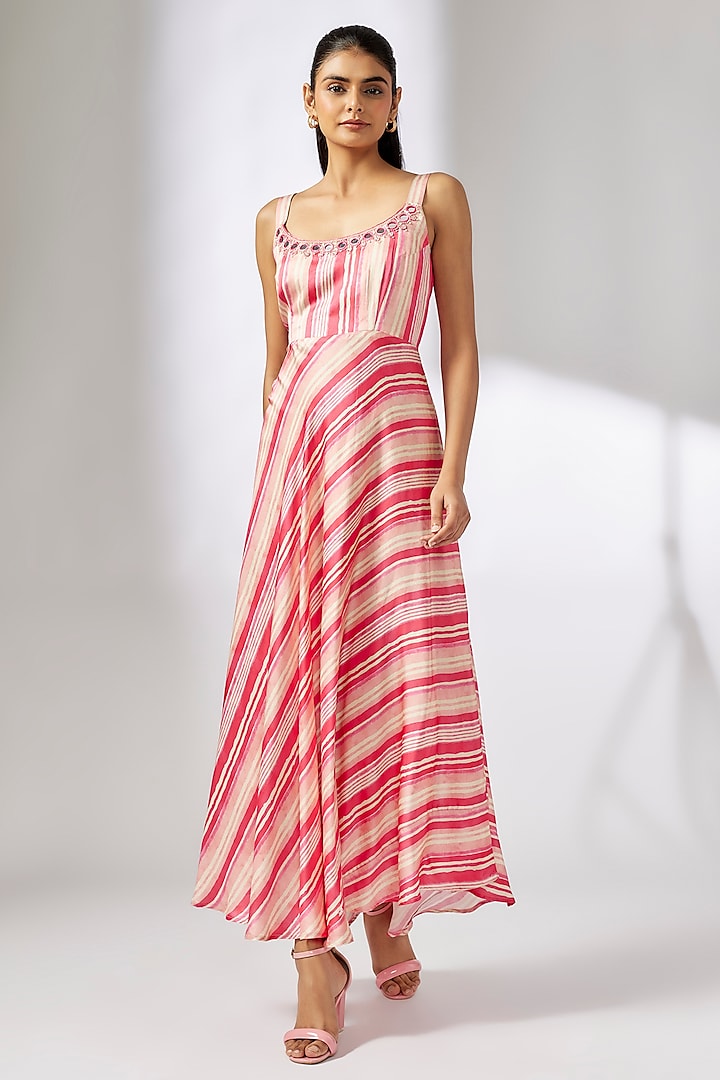 Pink Satin Stripe Printed Maxi Dress by GOPI VAID