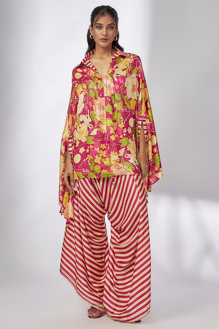 Pink Satin Floral Printed Kaftan Set by GOPI VAID at Pernia's Pop Up Shop