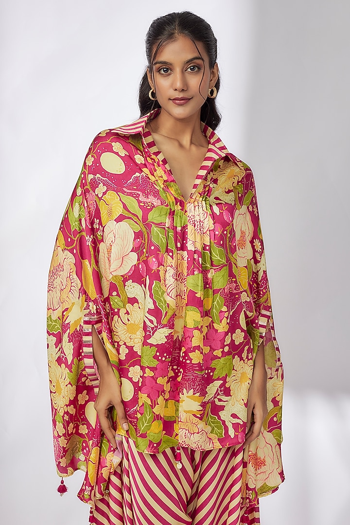 Pink Satin Floral Printed Kaftan Set by GOPI VAID at Pernia's Pop Up Shop