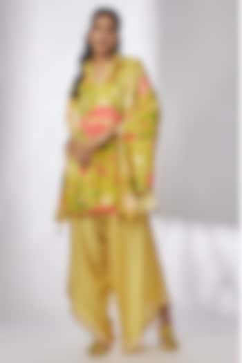 Yellow Satin Floral Printed Kaftan Set by GOPI VAID at Pernia's Pop Up Shop