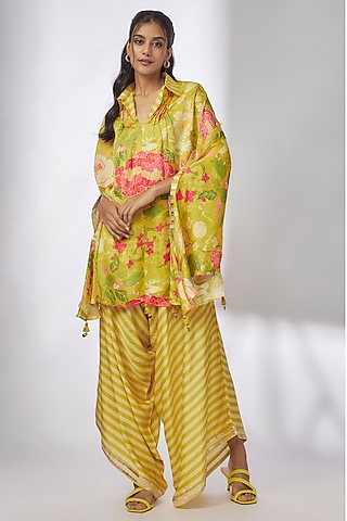 Yellow Satin Floral Printed Kaftan Set by GOPI VAID