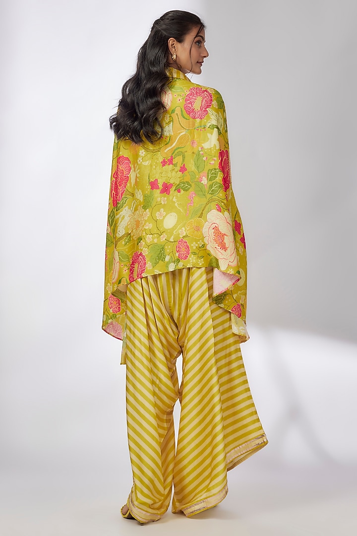 Yellow Satin Floral Printed Kaftan Set by GOPI VAID at Pernia's Pop Up Shop