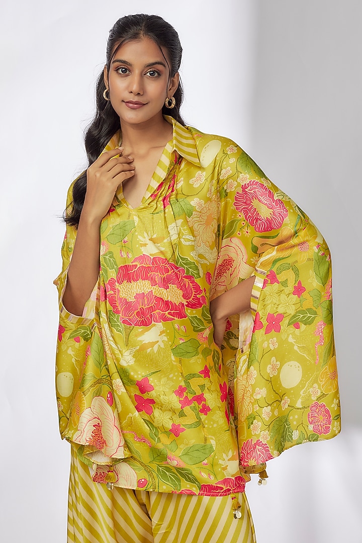 Yellow Satin Floral Printed Kaftan Set by GOPI VAID at Pernia's Pop Up Shop