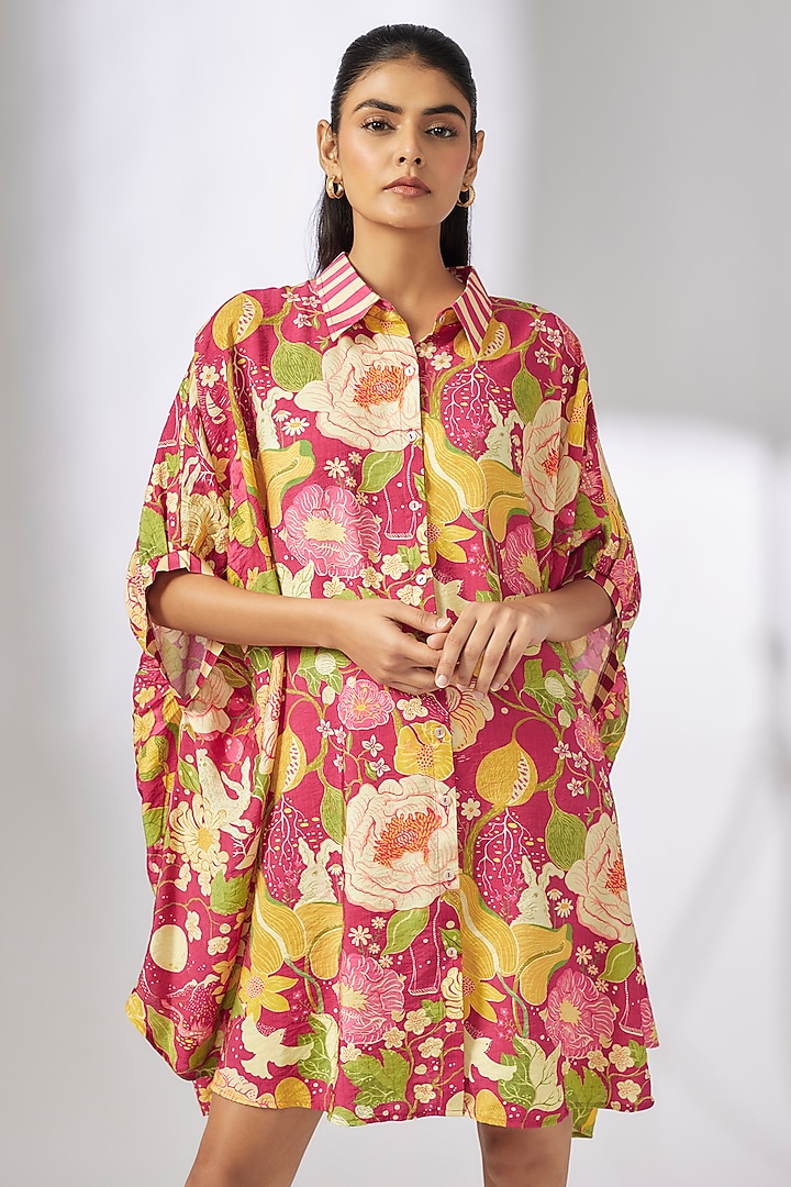 Pink Satin Floral Printed Mini Summer Dress by GOPI VAID at Pernia's Pop Up Shop