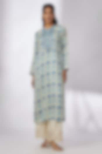 Blue Satin Ikat Printed Tunic by GOPI VAID at Pernia's Pop Up Shop