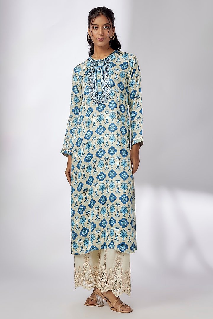 Blue Satin Ikat Printed Tunic by GOPI VAID at Pernia's Pop Up Shop