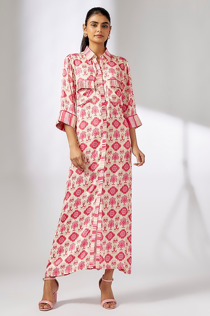 Pink Satin Ikat Printed Shirt Dress by GOPI VAID at Pernia's Pop Up Shop