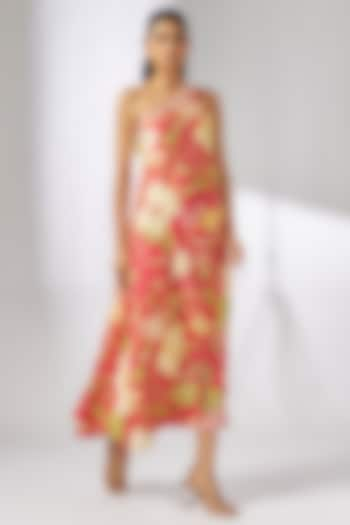 Pink Satin Floral Printed One-Shoulder Maxi Dress by GOPI VAID at Pernia's Pop Up Shop