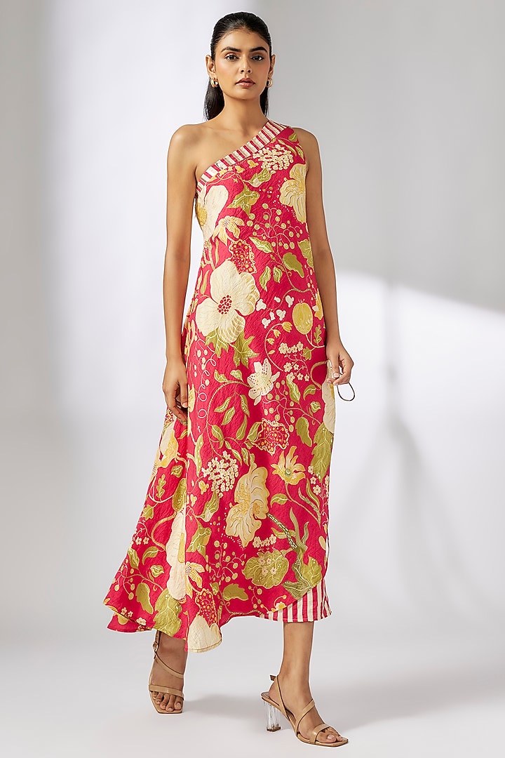 Pink Satin Floral Printed One-Shoulder Maxi Dress by GOPI VAID at Pernia's Pop Up Shop