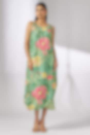 Green Satin Floral Printed Maxi Dress by GOPI VAID at Pernia's Pop Up Shop