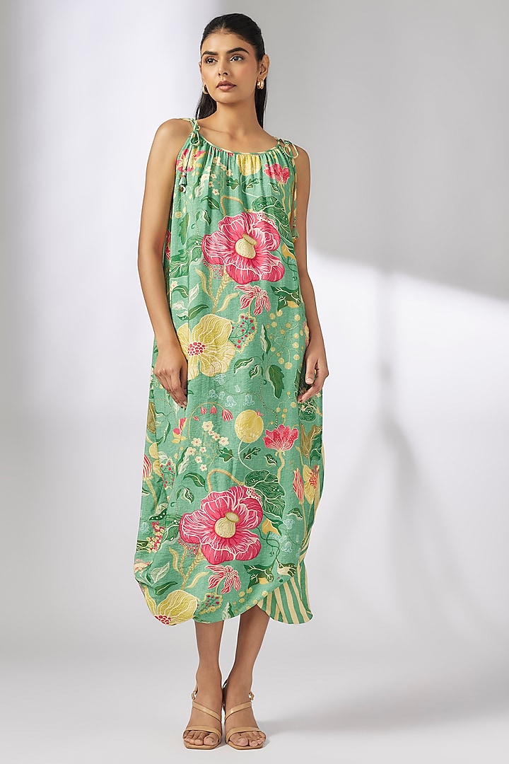 Green Satin Floral Printed Maxi Dress by GOPI VAID at Pernia's Pop Up Shop